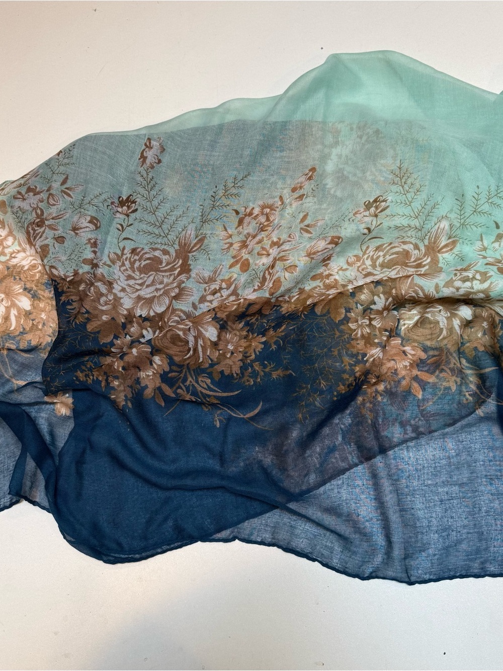 Floral Ombre Lightweight Scarf in Aqua, Navy & Brown